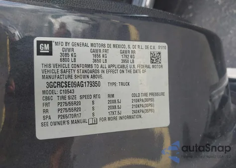 2010 Chevrolet Silverado 1500 Lt из США, поврежденный, VIN 3GCRCSE09AG179350